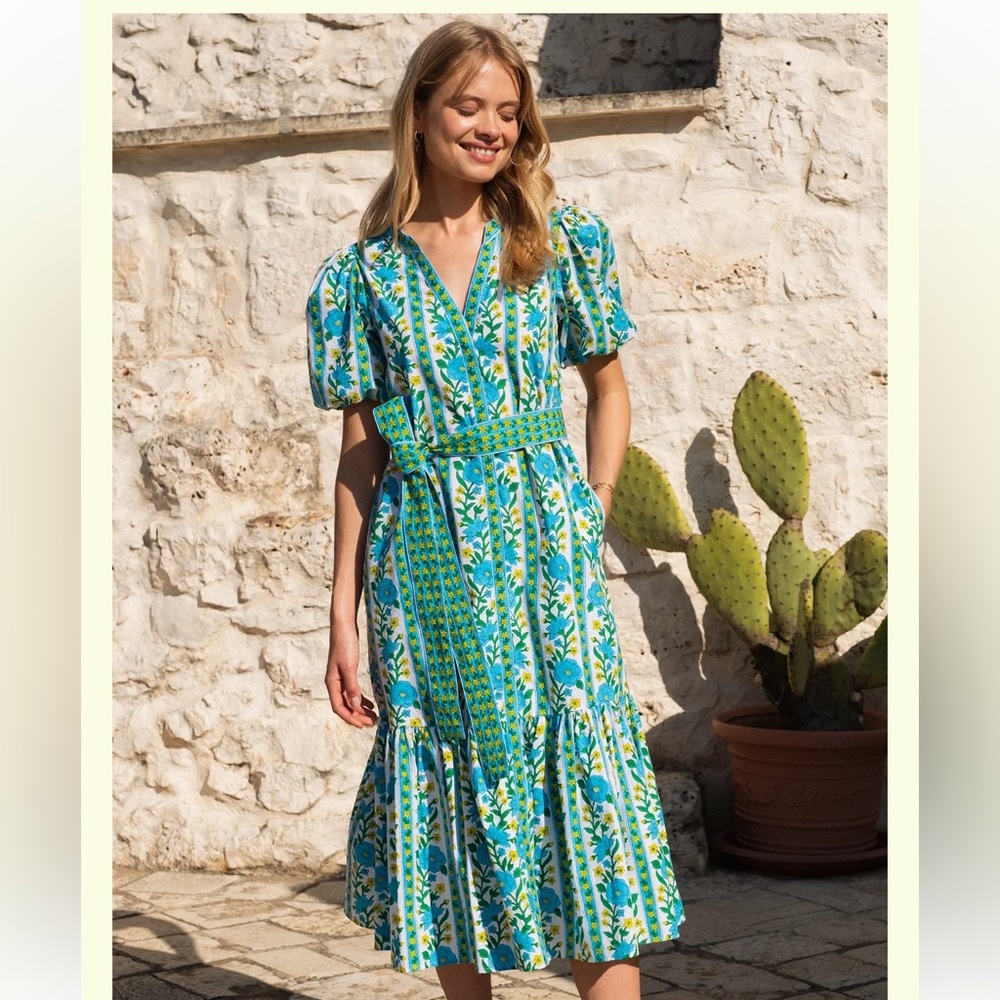 NWT Tuckernuck Pink City Prints Hibiscus Dress Puff Sleeves Size XS Green Blue